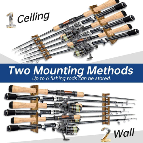 Wood Fishing Rod Holder Rack For Wall Or Ceiling Mount Up To Six Fishing Rods, Vertical Or Horizontal Rod Storage