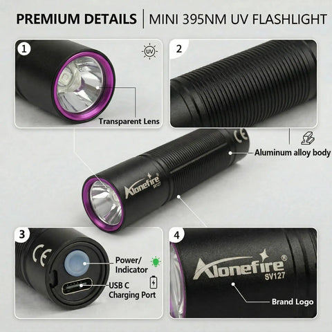 Mini 395nm UV Flashlight USB C Rechargeable Blacklight showing transparent lens, aluminum body, and USB C port.