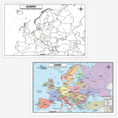 Double-sided Europe Map 11x17 Laminated Dry Erase Chart, Color Front with Countries and Blank Outline Back for Classroom Use