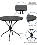 Round Black Indoor Outdoor Steel Patio Table With Umbrella Hole And Rain Flower Designer Top For Outdoor Living Spaces, 35.25 Inch Diameter