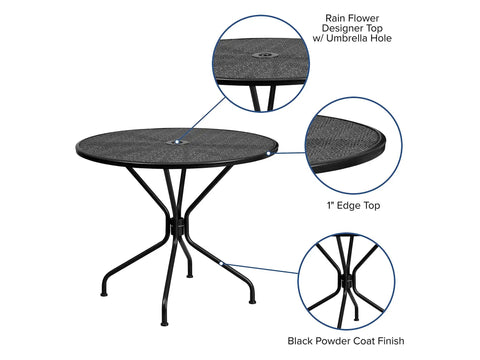 Round Black Indoor Outdoor Steel Patio Table With Umbrella Hole And Rain Flower Designer Top For Outdoor Living Spaces, 35.25 Inch Diameter