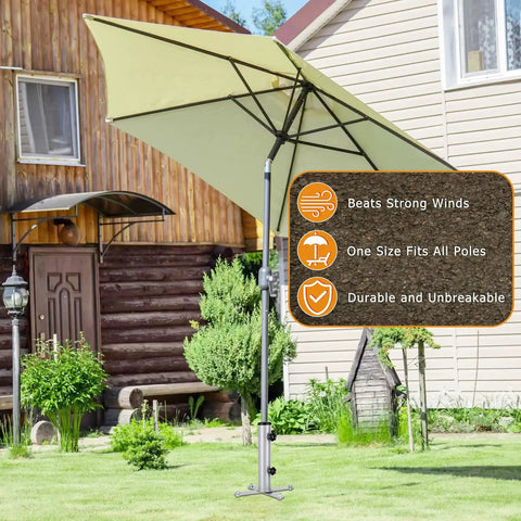 Removable Inground Umbrella Stand Anchor With Four Spikes Metal Ground Stake on lawn with outdoor umbrella and features list