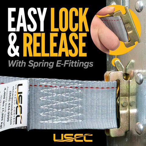 Beefy Heavy Duty E Track Straps 2 Inch By 16 Foot 4 Pack With 3 Spring E Fittings 4400 Pound Break Strength gray easy lock