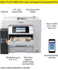 Heavy Duty Wireless Color All In One Supertank Printer With Scanner Copier Fax And Ethernet, features 4.3" touchscreen and auto document feeder.