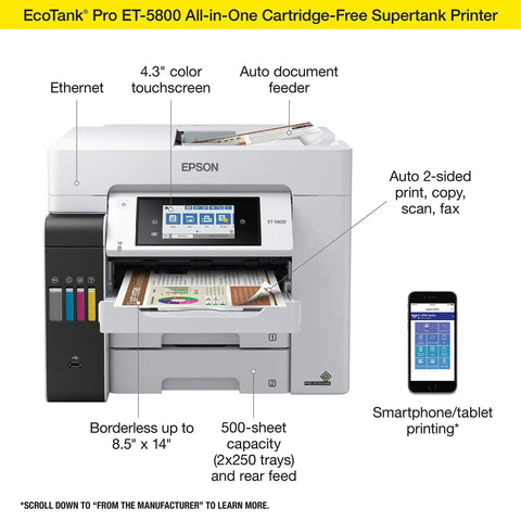 Heavy Duty Wireless Color All In One Supertank Printer With Scanner Copier Fax And Ethernet, features 4.3" touchscreen and auto document feeder.