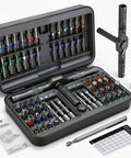 68 In 1 Pro Grade Ratcheting Screwdriver Set With 58 Tooth T Handle Magnetic Pickup Pad 42 S2 Steel Bits Magnetic Case Electronics Repair Kit For Laptops PCs Game Consoles Furniture And Bikes, shown with open magnetic case and variety of bits.