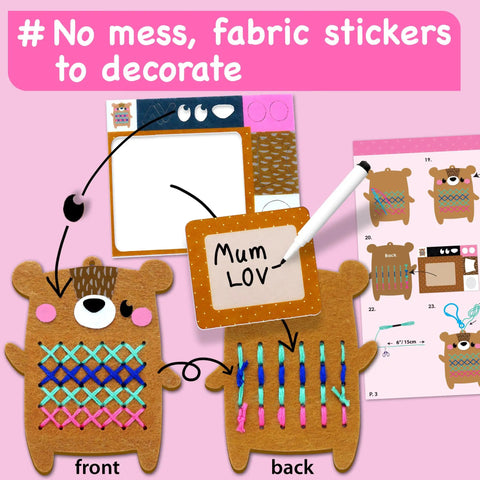 Beginner Needlepoint Cross Stitch Kit For Kids Ages Five To Eight, Easy Embroidery Starter Set with bear pattern, front and back view