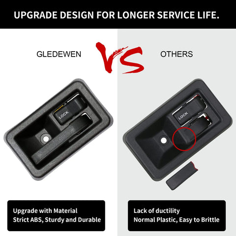 Comparison of interior door handle set for Jeep Wrangler YJ TJ 1987-2006 showing upgraded ABS material vs brittle plastic.