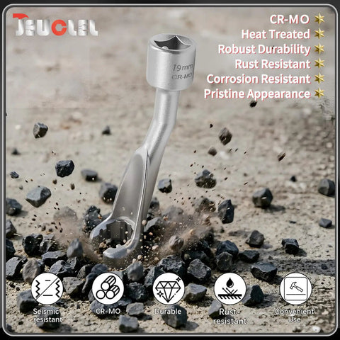 19mm One Half Inch Common Rail Fuel Line Nut Socket 12 Point Flare Nut Wrench tool on rocky surface for Mercedes Benz Diesel Engine.
