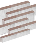 Built Tough Galvanized Brad Nails 18 Gauge With Brown T Head Design Six Varied Lengths stacked in a row, corrosion resistant.