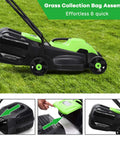 Power Through Your Yard With This 12.5 Amp 1200W Corded 13 Inch Push Lawn Mower That Cuts Clean, Tames Thick Grass, And Starts Easy, A Lightweight Green Machine Built For Quick, No Fuss Yard Maintenance. Grass collection bag assembly on green corded push lawn mower.