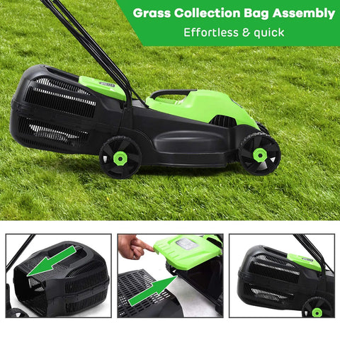 Power Through Your Yard With This 12.5 Amp 1200W Corded 13 Inch Push Lawn Mower That Cuts Clean, Tames Thick Grass, And Starts Easy, A Lightweight Green Machine Built For Quick, No Fuss Yard Maintenance. Grass collection bag assembly on green corded push lawn mower.