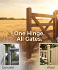 Beefy Heavy Duty Gate Hinges Set, 304 Stainless Steel, Five Eighth Inch Pin, Wall Mount, One Piece Casting, 600 Lb Capacity, Includes Two Female And Two Male Hinges For Farm Ranch Fence Garden Barn Shed Warehouse installed on wood gate
