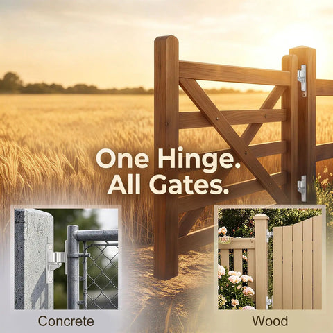 Beefy Heavy Duty Gate Hinges Set, 304 Stainless Steel, Five Eighth Inch Pin, Wall Mount, One Piece Casting, 600 Lb Capacity, Includes Two Female And Two Male Hinges For Farm Ranch Fence Garden Barn Shed Warehouse installed on wood gate