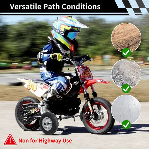 Child riding mini bike with Dirt Bike Training Wheels Set For 50cc Mini Bikes That Play Nice With Honda CRF50 XR50 Z50 Z50R