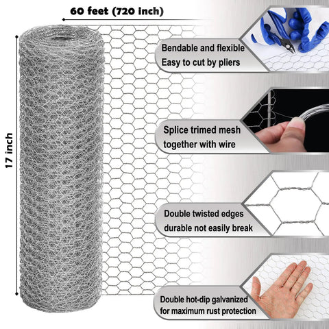 17 Inch By 60 Foot Galvanized Chicken Wire Fencing Mesh For Gardens Poultry Coops And Crafts Hexagonal 0.6 Inch Hardware Cloth Netting shown with features