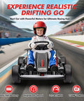 Child riding 24V Electric Go Kart For Kids 6 To 12 With Dual 200W Motors, 8.1 MPH Speed, Drift And 360 Spin, LED Lights, on track
