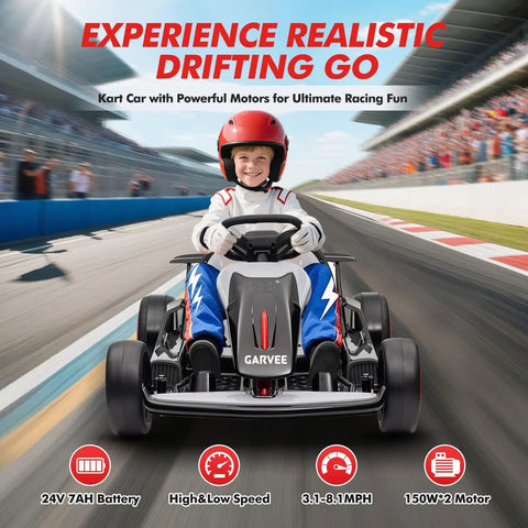 Child riding 24V Electric Go Kart For Kids 6 To 12 With Dual 200W Motors, 8.1 MPH Speed, Drift And 360 Spin, LED Lights, on track
