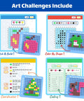 Pixel Art Kit For Kids Creative STEM Toy with art challenges: Match & Build, Color By Shape, Coordinates, and Coding activities.