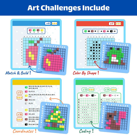 Pixel Art Kit For Kids Creative STEM Toy with art challenges: Match & Build, Color By Shape, Coordinates, and Coding activities.