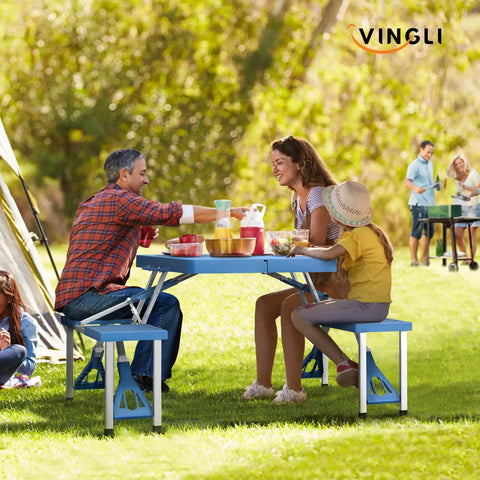 Family using 4 Ft Folding Picnic Table Set With 4 Seats And Umbrella Hole Lightweight Aluminum Frame Plastic Top Perfect For Camping