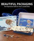 LED Jellyfish 3D Wooden Puzzle Kit For Adults With 355 Pieces That Swims When LED Lights Up Realistic Display Build DIY Wood Craft Toy Gift For Him And Her Cool Creative Hobby And Unique Educational Toy. Box with wood parts and tools displayed