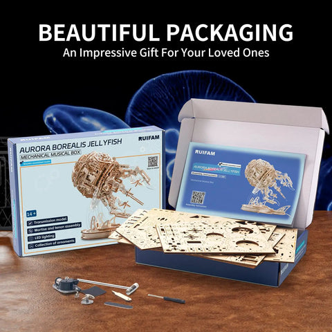 LED Jellyfish 3D Wooden Puzzle Kit For Adults With 355 Pieces That Swims When LED Lights Up Realistic Display Build DIY Wood Craft Toy Gift For Him And Her Cool Creative Hobby And Unique Educational Toy. Box with wood parts and tools displayed