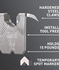 Heavy Duty Drywall Picture Hangers Six Pack Holds Up To 15 Lbs Each With No Studs Required For Hassle Free Room Refresh And Office Display Featuring Sturdy Steel Build For Bold Wall Art close-up of a steel hook with hardened claws.