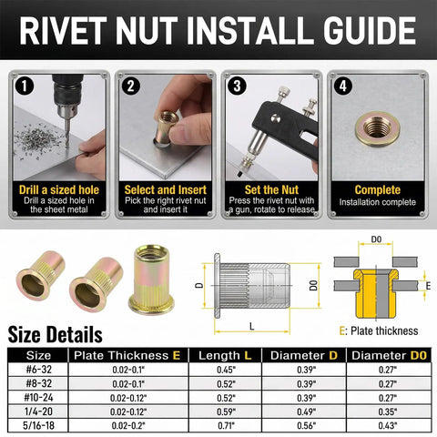 Rivet nut install guide, 430 Piece SAE Rivet Nut Tool Kit With Imperial Rivnut Set In Sizes 6 32 8 32 10 24 1 4 20 5 16 18