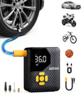 L7 Mini Tire Inflator Portable Air Compressor with LED Light and Pressure Gauge for car, motorcycle, bicycle, ball use.