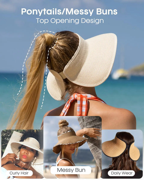 Womens Straw Sun Hat With Ponytail Hole And Wide Brim Beach Visor Khaki, perfect for outdoor fun with a top opening design.