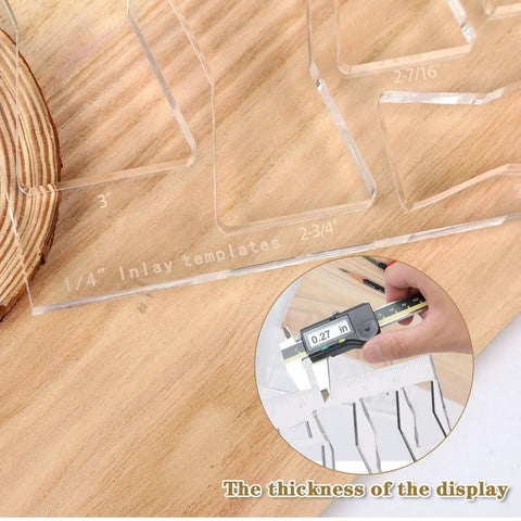 Straight Up Durable Router Clip Butterfly Inlay Template With Thick Clear Acrylic Guide For Woodworking Decor And Diy Crafts No Sweat Cutting Fixture Seven Inch Size For Pro Shop Results showing template sizes on wood surface.
