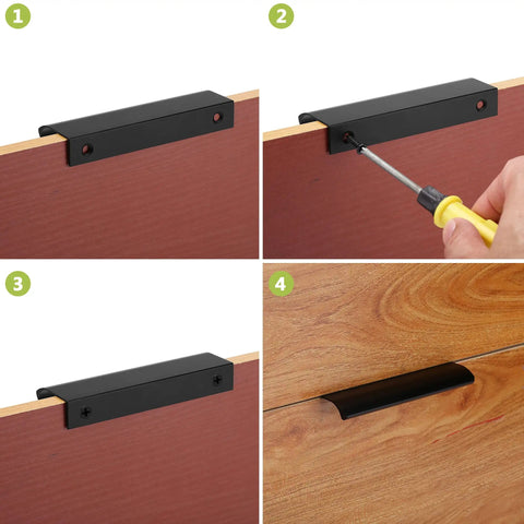 Installation of 10 Pack Black Aluminum Edge Pull Handles Hidden Concealed Tab Pulls For Doors Drawers Cabinets Wardrobes Sleek 80mm And 3.2 Inch Finger Pulls Durable Modern Hardware For Home on a wooden drawer.