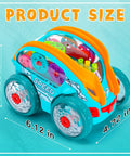 Transparent 360 Degree Light Up Music Stunt Car For Autism Sensory Play, Standing Spin And Roll Toy dimensions shown
