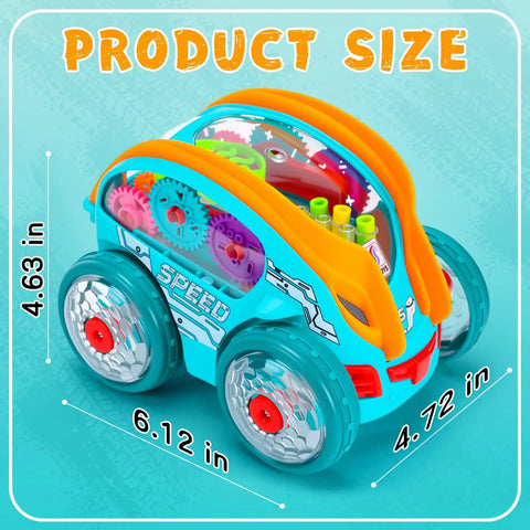 Transparent 360 Degree Light Up Music Stunt Car For Autism Sensory Play, Standing Spin And Roll Toy dimensions shown