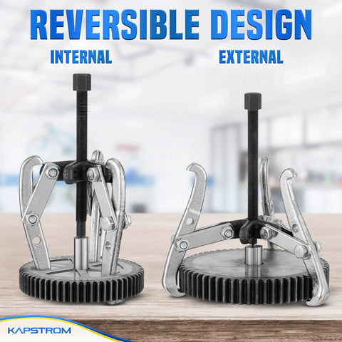 3-Jaw Gear Puller Heavy-Duty Bearing Removal Tool For Pulleys with reversible design, CR-V steel construction, on display