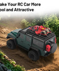 Expedition Ready Off Road RC Rig Gear Kit For 1/18 TRX4M And 1/24 Axial SCX24 on green RC car, showing luggage net and ARB bag