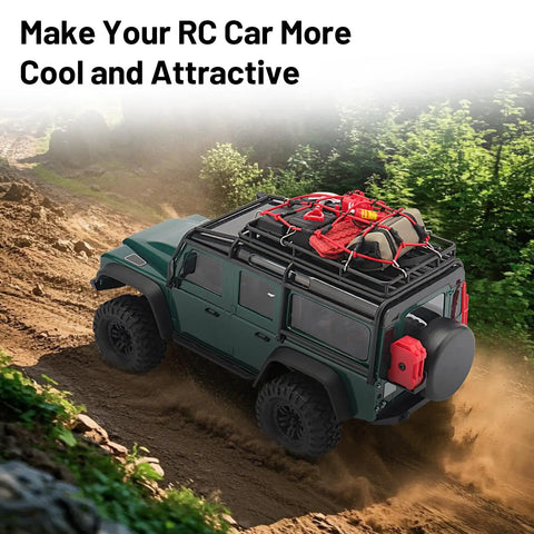 Expedition Ready Off Road RC Rig Gear Kit For 1/18 TRX4M And 1/24 Axial SCX24 on green RC car, showing luggage net and ARB bag