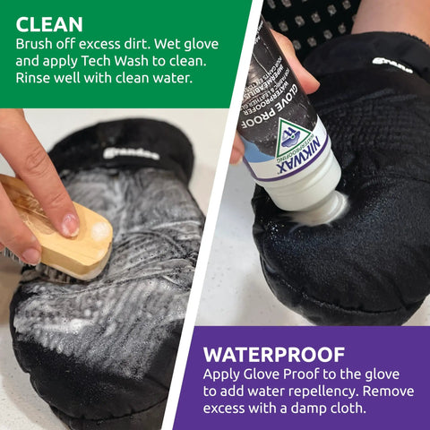 Demonstration of Glove Proof High Performance Waterproofing Treatment Restores DWR Water Repellency For Leather Fabric Gloves.