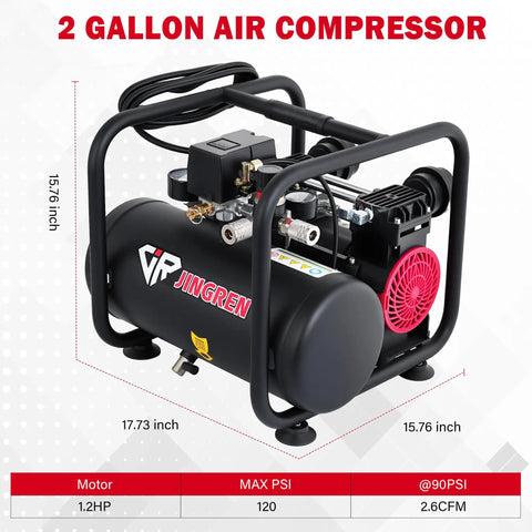 Jingren 2 Gallon Oil Free Air Compressor With Hose Only 68dB Super Silent 120PSI Max 1.2HP Portable For Nails And Tires No Noise Just Work