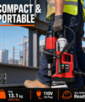 Heavy Duty Portable Magnetic Drill Press Built Tough For Daily Grind 1400 Watt Motor Delivers Serious Punch Plus Six Piece Annular Cutter Set With Rock Solid Electromagnetic Base For Smooth Two Inch Boring Anywhere in compact size, 13.1 kg.