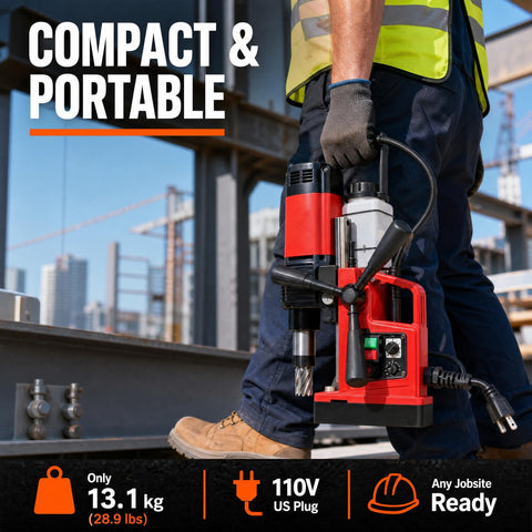 Heavy Duty Portable Magnetic Drill Press Built Tough For Daily Grind 1400 Watt Motor Delivers Serious Punch Plus Six Piece Annular Cutter Set With Rock Solid Electromagnetic Base For Smooth Two Inch Boring Anywhere in compact size, 13.1 kg.