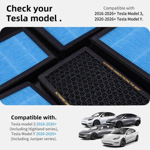 Activated Carbon HEPA Cabin Air Filter Replacement For Tesla Model 3 And Model Y 2016-2026, shown with compatible models.