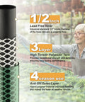 Cross-section of a three-foot leader hose showing 1/2 inch diameter, three-layer design and features, with a gardening background.