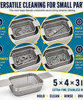 Hella Durable Stainless Steel Fine Mesh Ultrasonic Cleaner Basket, 5X4X3 Inch showcasing jewelry, watch parts and small hardware.