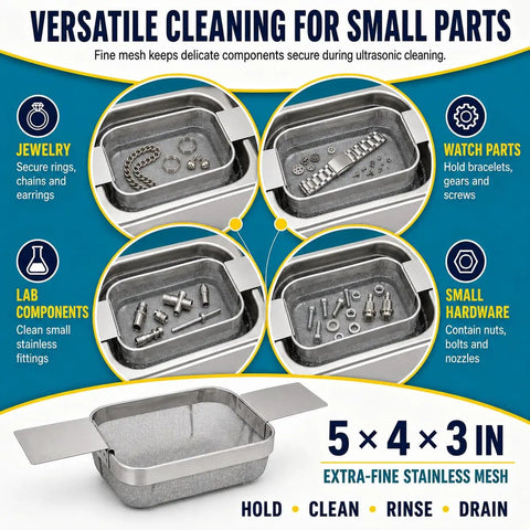 Hella Durable Stainless Steel Fine Mesh Ultrasonic Cleaner Basket, 5X4X3 Inch showcasing jewelry, watch parts and small hardware.