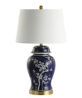Traditional Ceramic Ginger Jar Table Lamp In White And Navy, Dope Chinoiserie Inspired Bedside Light With White Linen Shade, 29.5 Inch Tall