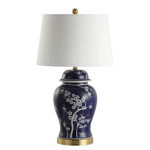 Traditional Ceramic Ginger Jar Table Lamp In White And Navy, Dope Chinoiserie Inspired Bedside Light With White Linen Shade, 29.5 Inch Tall
