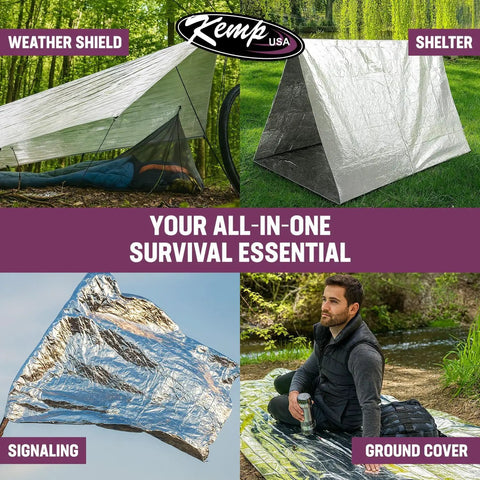 Collage of Emergency Mylar Blanket Set as weather shield, shelter, signaling tool, and ground cover in outdoor settings.