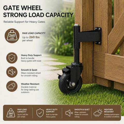 Heavy Duty Workhorse 4 Inch Galvanized Steel Gate Wheels With Locking Foot Brake Black 2 Pack Rust Resistant Outdoor Casters installed on a wooden gate.
